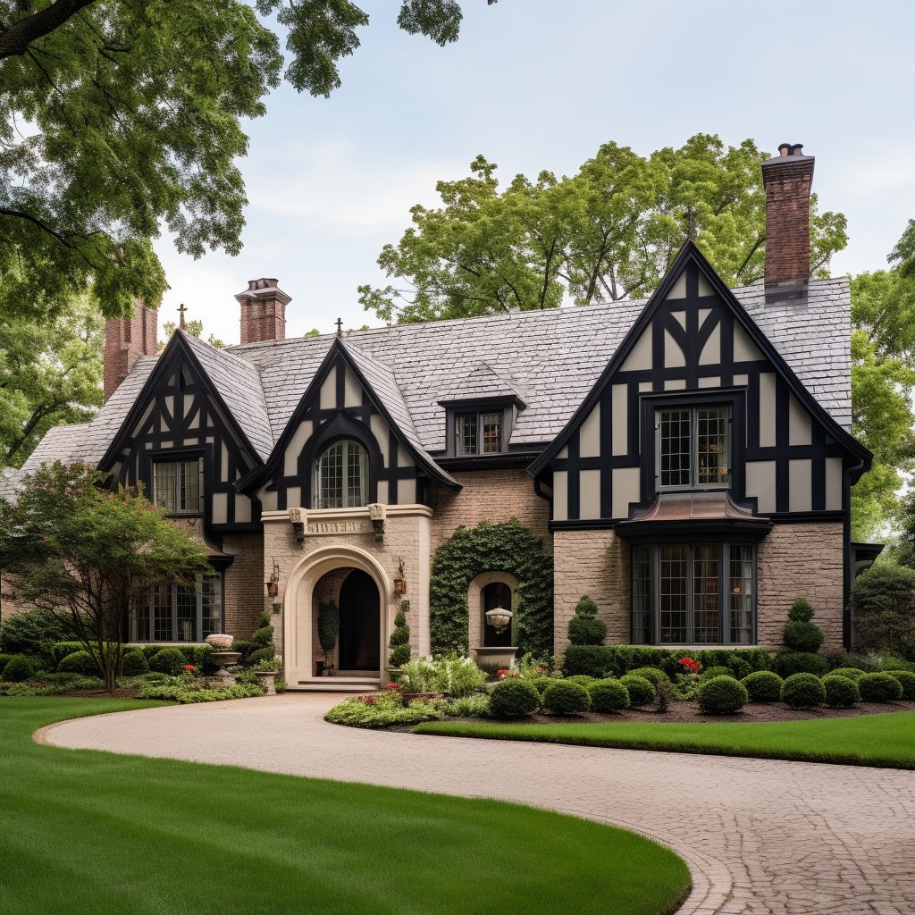 Tudor-style home with dark timber framing, multiple chimneys, and a curved driveway.