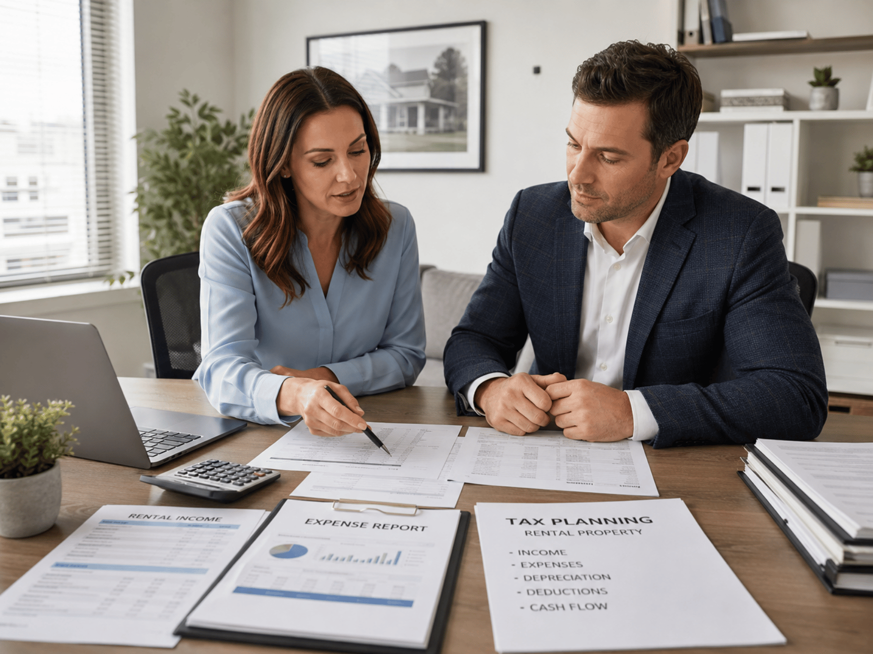 A woman and a man sit at a desk analyzing tax documents and reports
