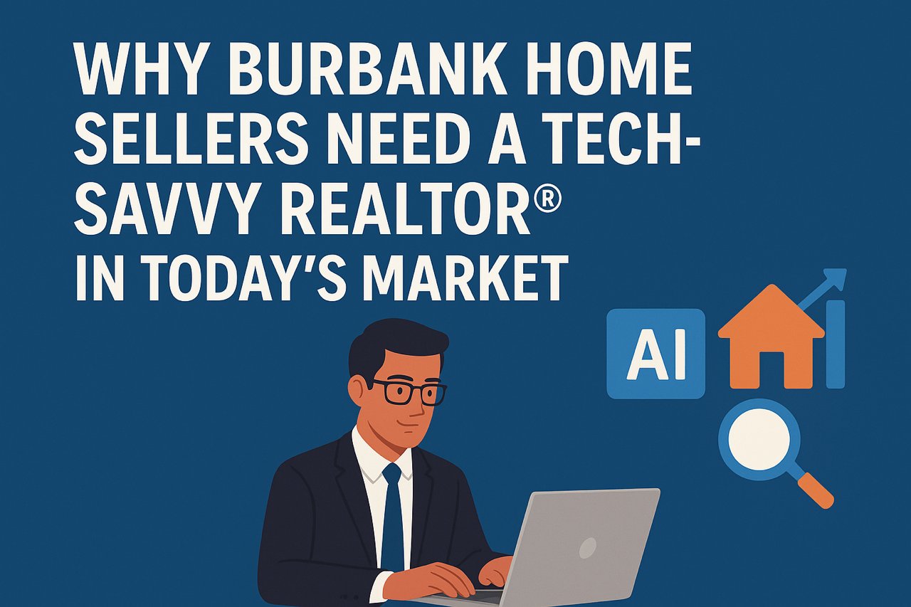 Infographic showing cartoon at a laptop with search glass symbol and AI with text - why burbank home sellers need a tech savvy realtor in today's market