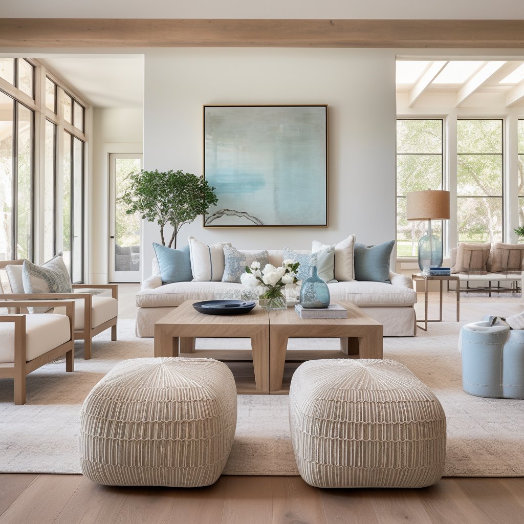 Bright living room with floor-to-ceiling windows, a cream sofa, and two woven ottomans.