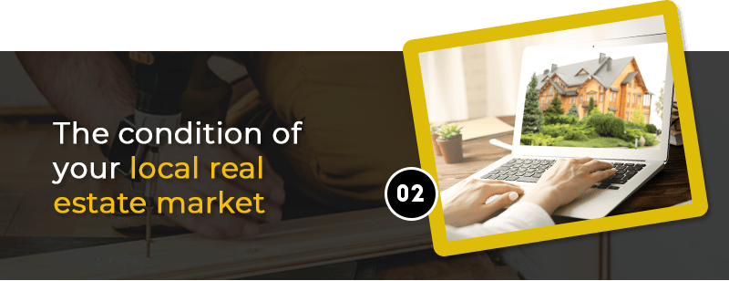 The condition of your local real estate market, item 02, with renovation work and a laptop displaying a house.