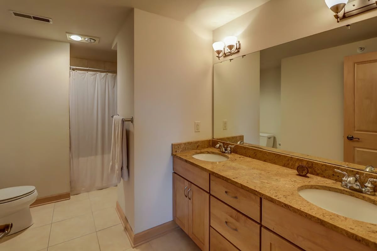 Bathroom with a double-sink vanity, tan stone countertop, large mirror, and curtained shower.