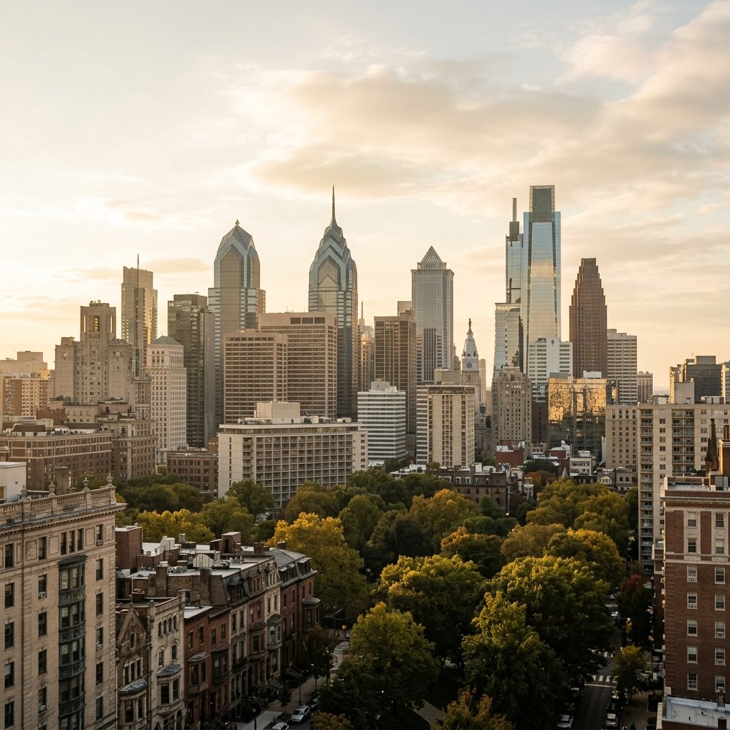 Wide view of the Philadelphia skyline at sunset with historic buildings and modern towers