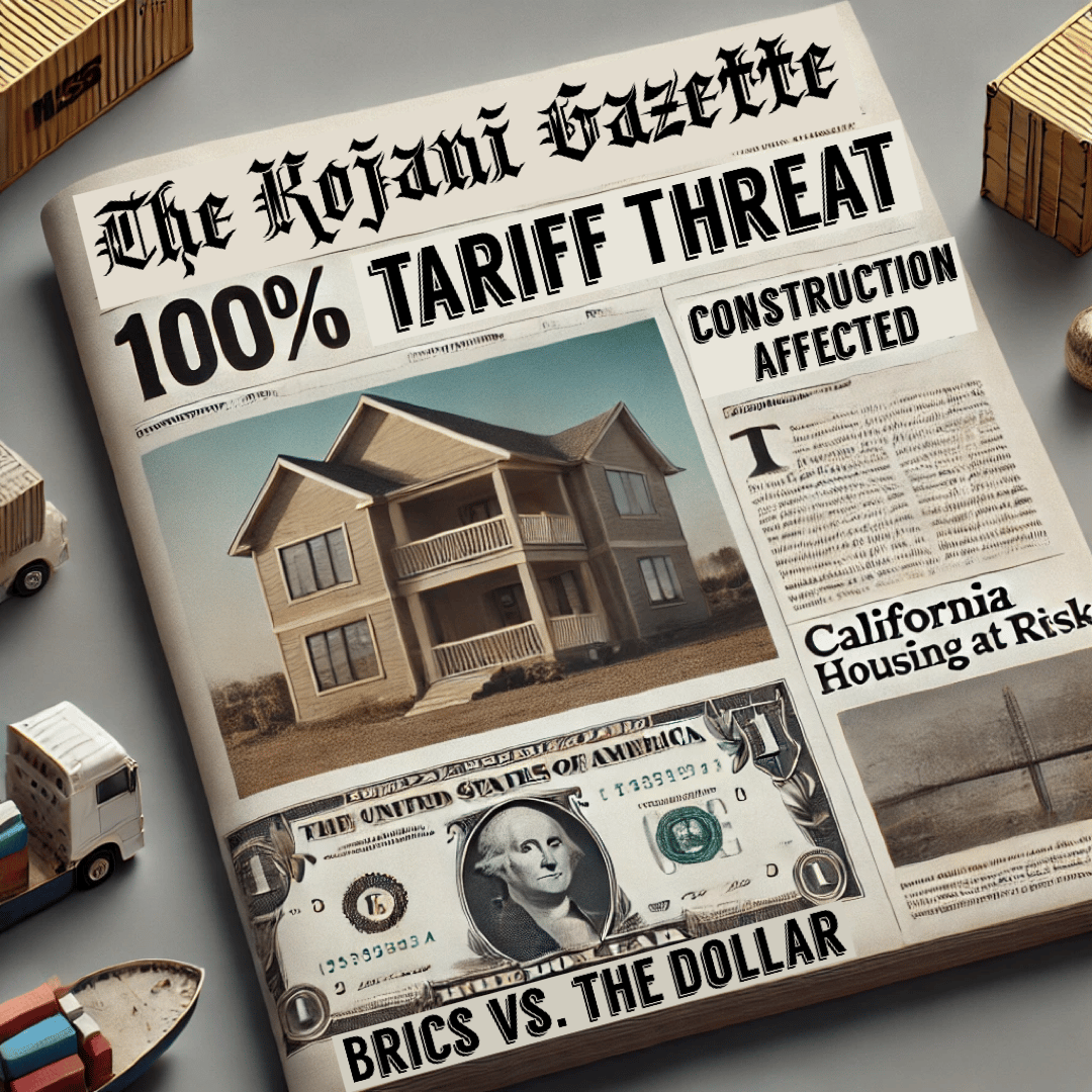 An image of a newspaper called The Kojani Gazette with the headline "100% Tariff Threat"