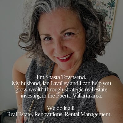 Shasta Townsend smiling in a sleeveless gray top, with real estate wealth-building text overlaid.