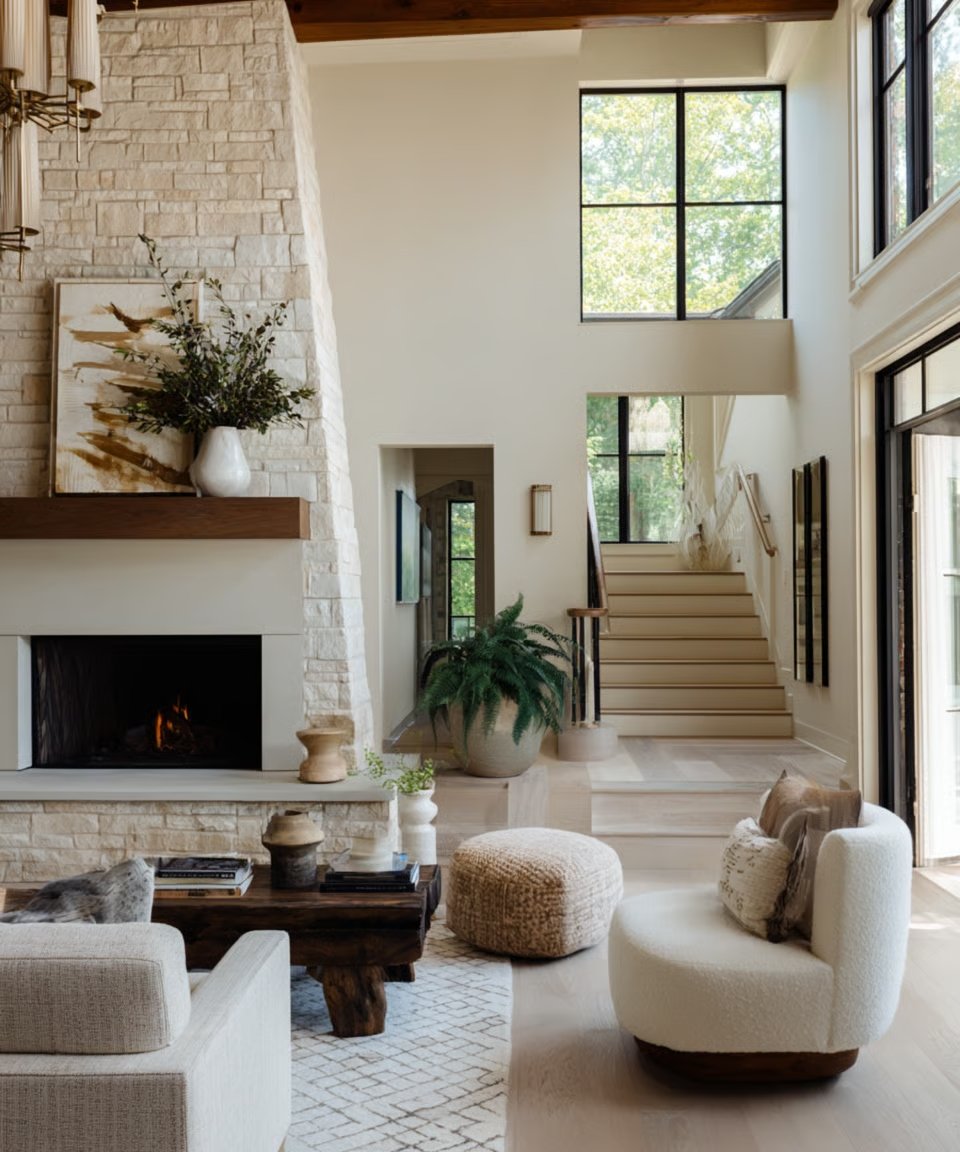Bright living room with a stone fireplace, large windows and staircase