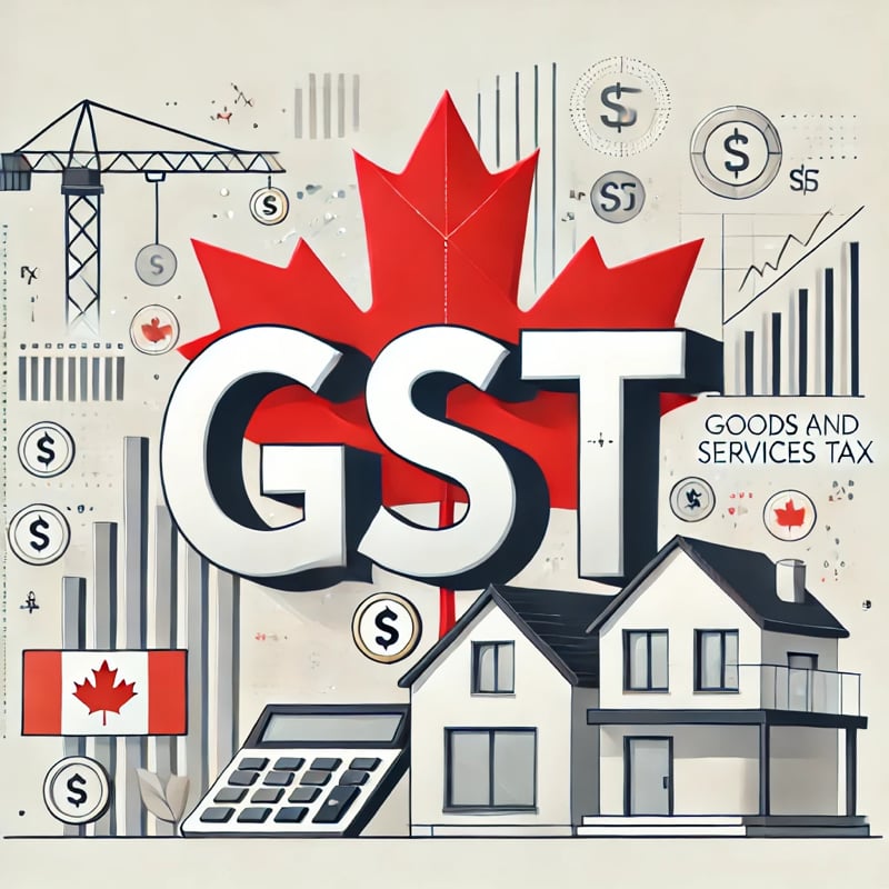Photo of Canada, GST, the Canadian Flag, houses, and a crane. 