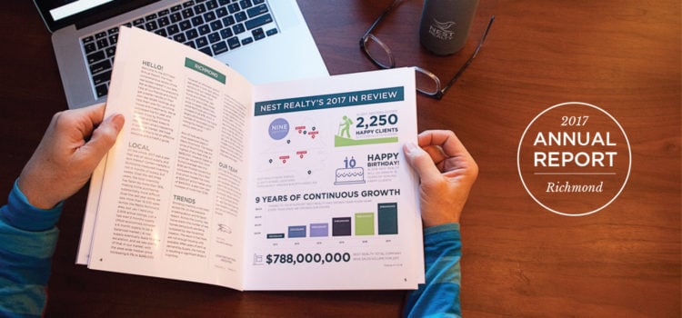 2017 Richmond annual report graphic with Nest Realty statistics on an open report held over a desk.