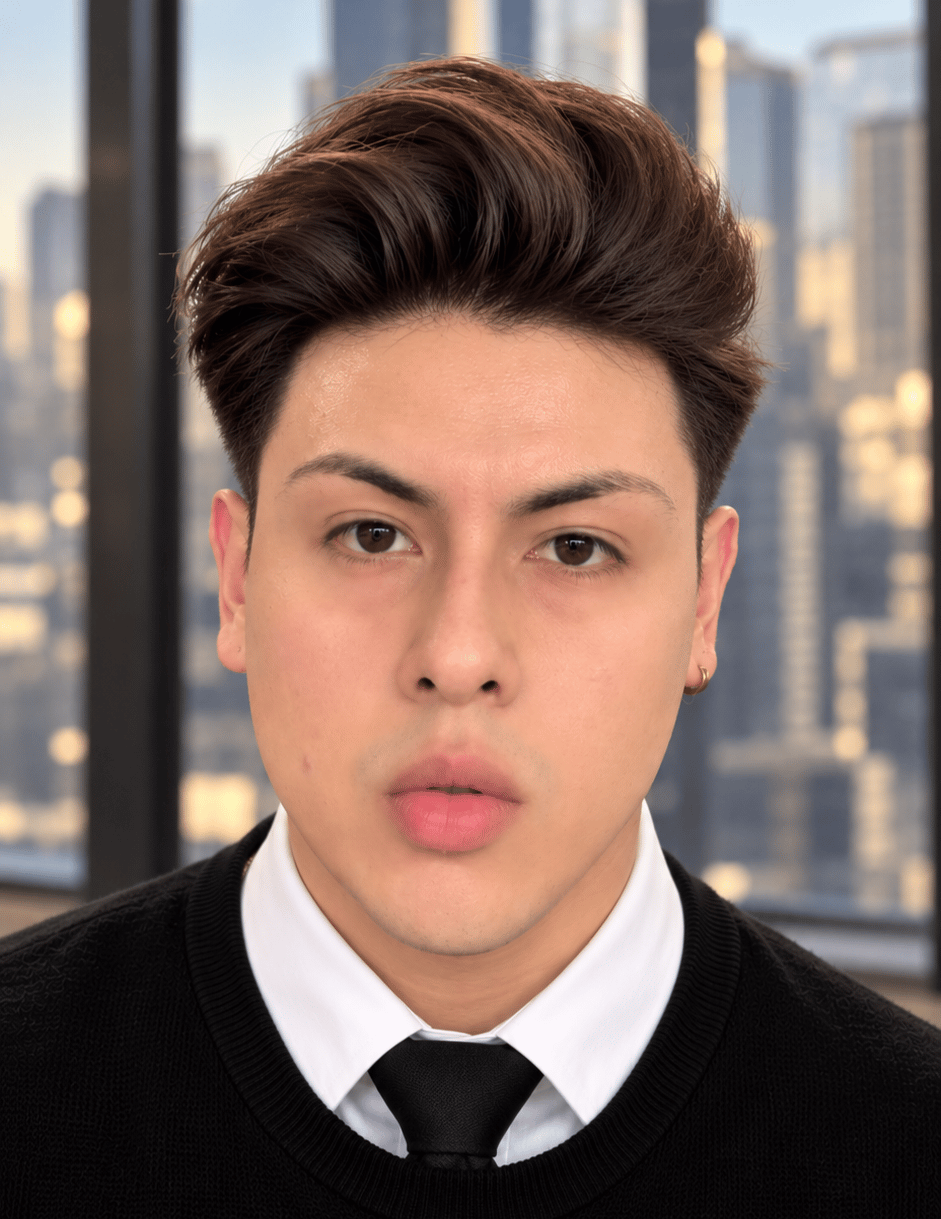 Jesus Tapia in a black sweater, white shirt and tie, with city skyline behind him.