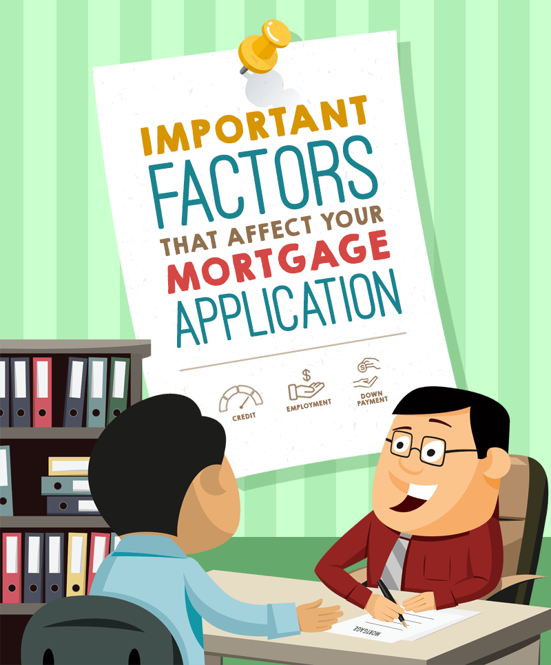 Illustration of a mortgage adviser and client discussing credit, employment, and down payment.