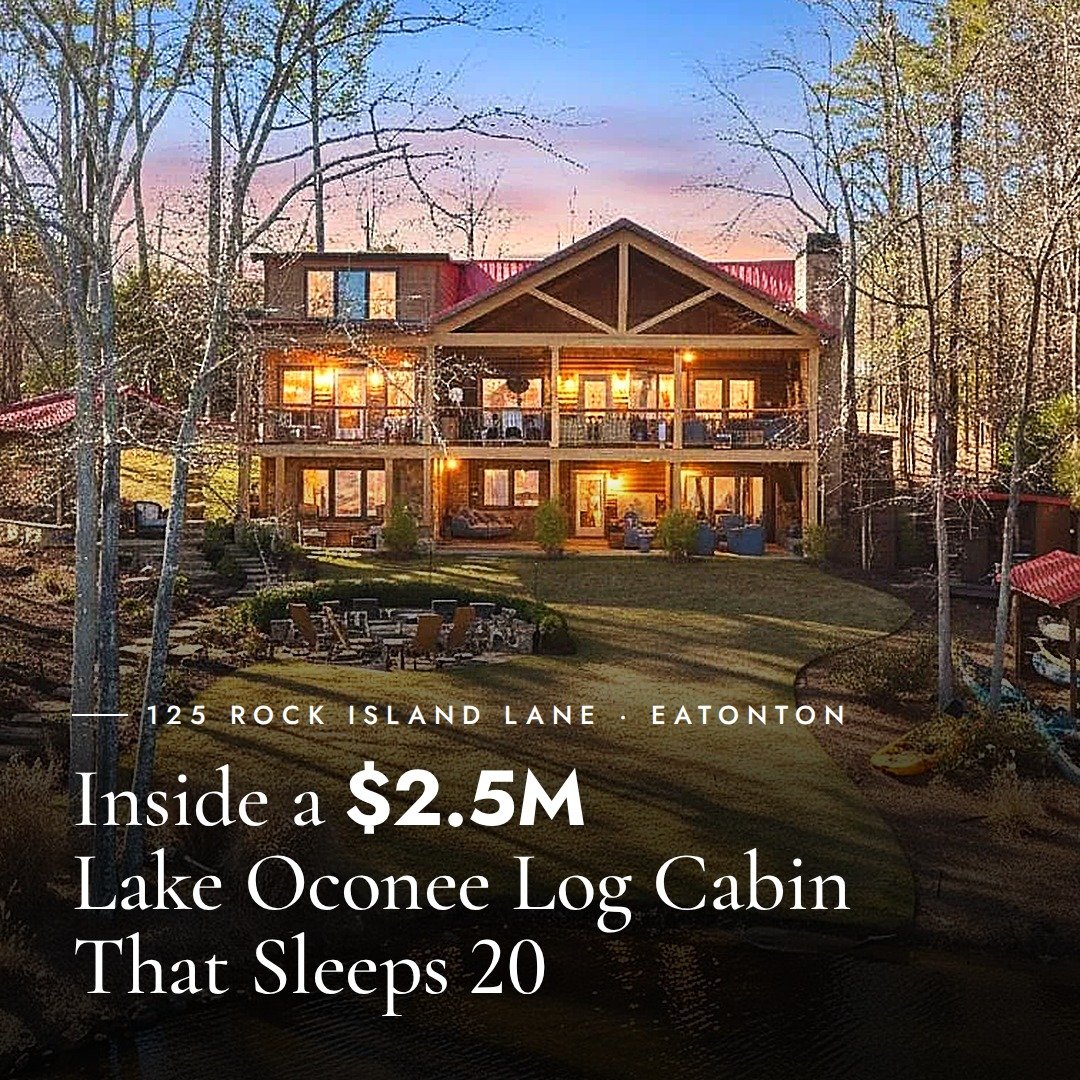 Promotional graphic featuring a lit log cabin at dusk, labeled as a $2.5M Lake Oconee home that sleeps 20.