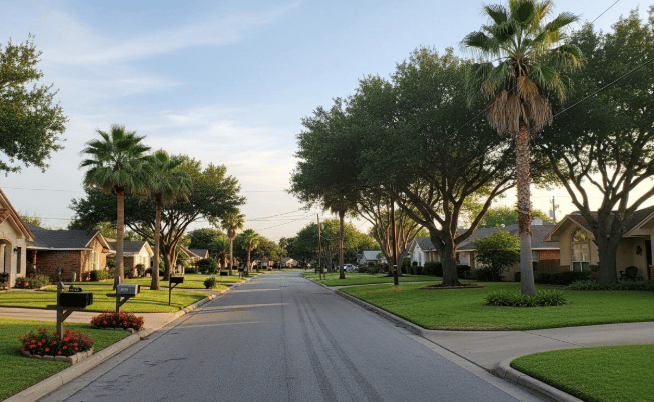 Lush green street view down a neighborhood in beautiful Corpus Christi