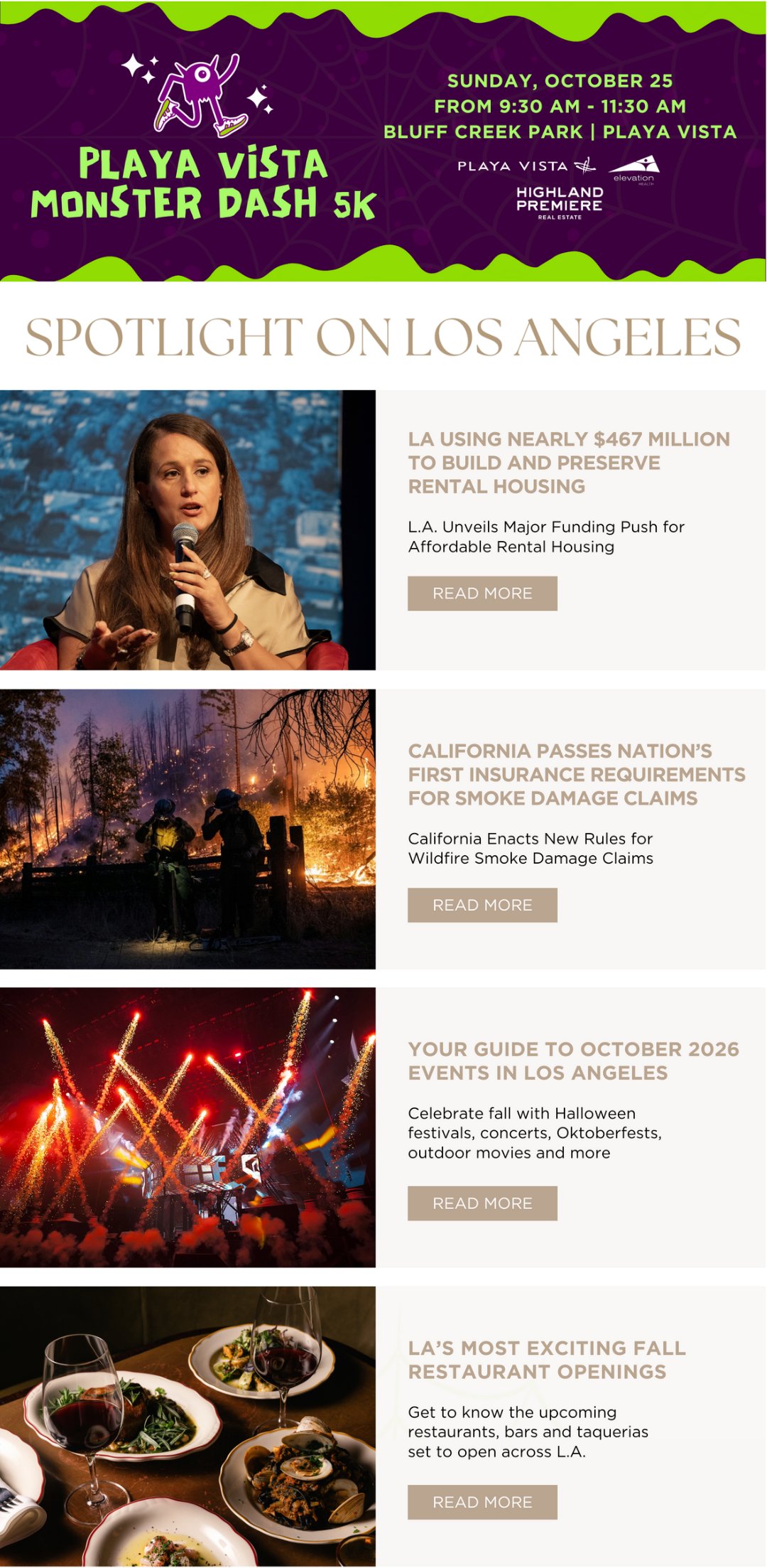 Los Angeles editorial roundup graphic with a Monster Dash banner and stories on housing, wildfire claims, events, and restaurants.