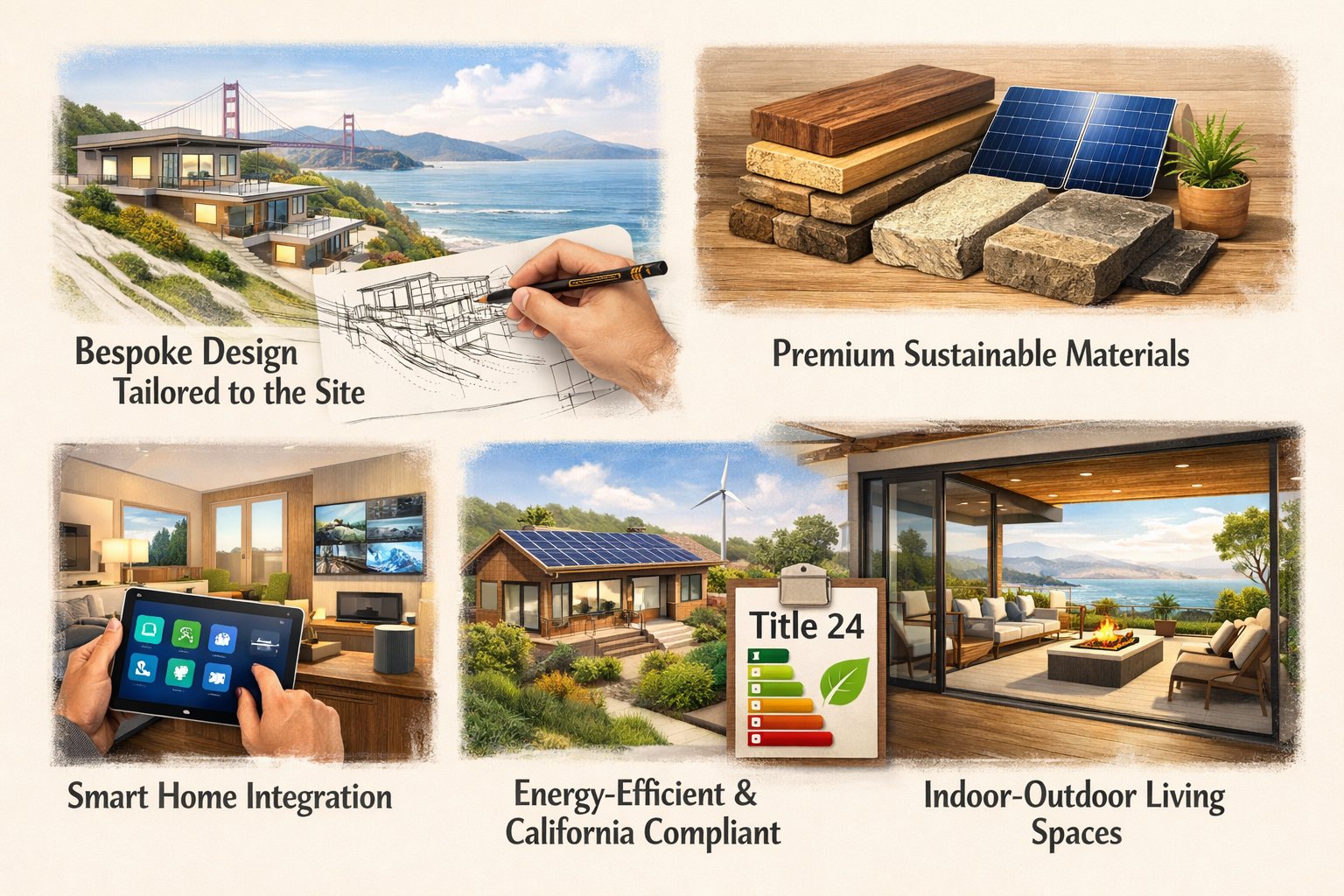 Luxury home construction Bay Area featuring bespoke design, sustainable materials, smart home integration, and indoor-outdoor living.