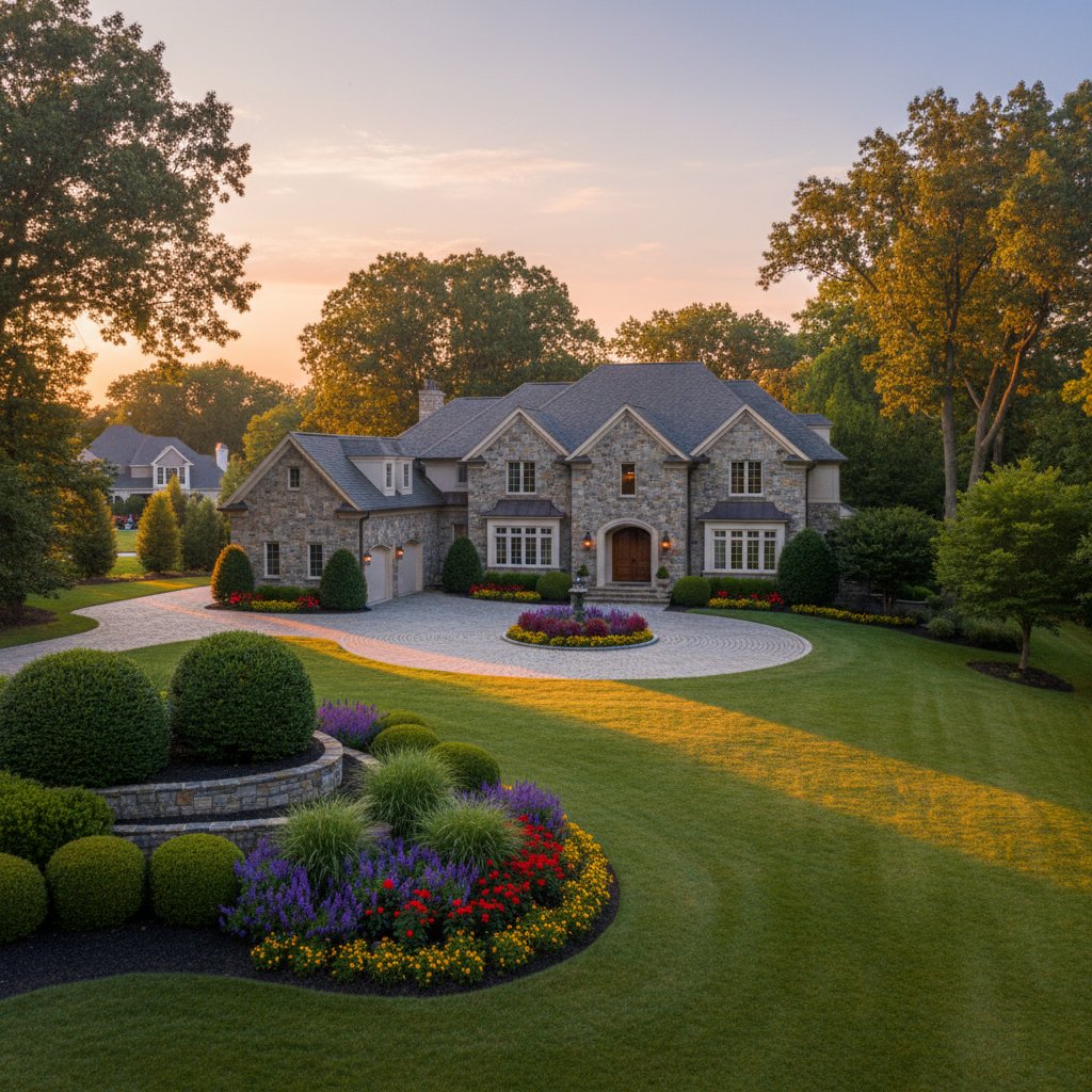 A grand stone mansion with meticulously manicured landscaping and a circular driveway, bathed in the warm glow of a sunset, conveying luxury and aspiration.