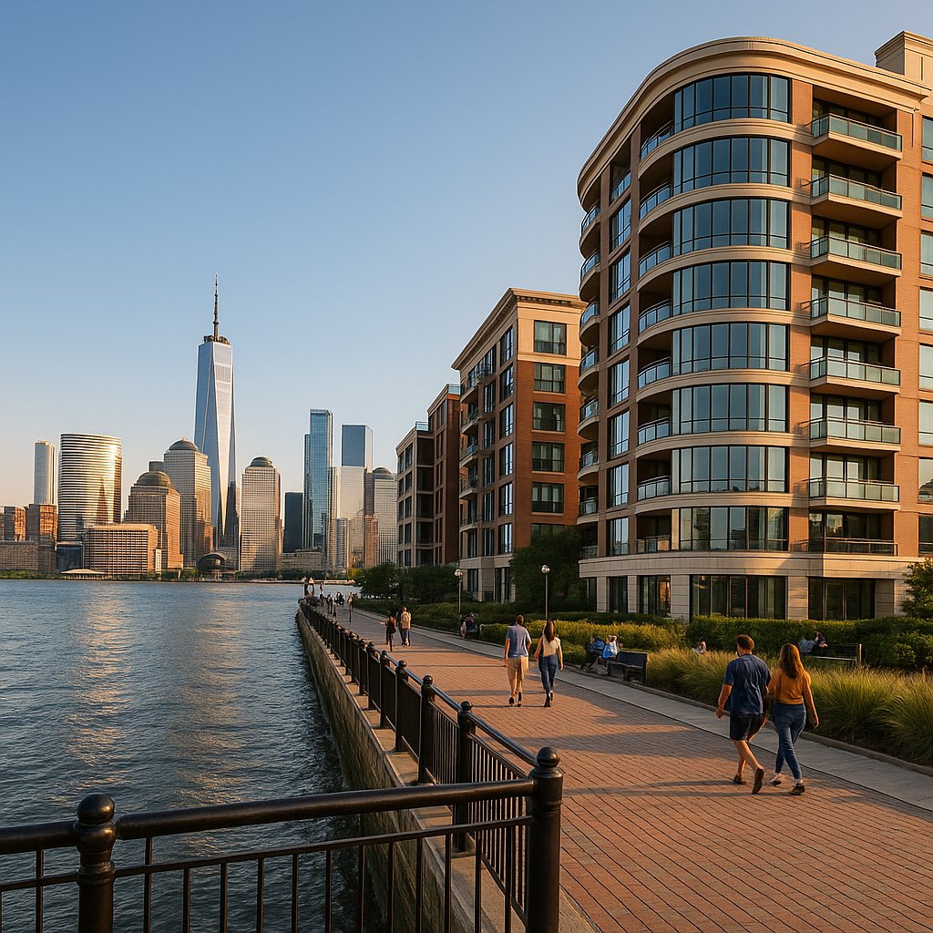 Luxury waterfront condos in Hoboken with people walking along the Hudson River promenade and Manhattan skyline in the background.