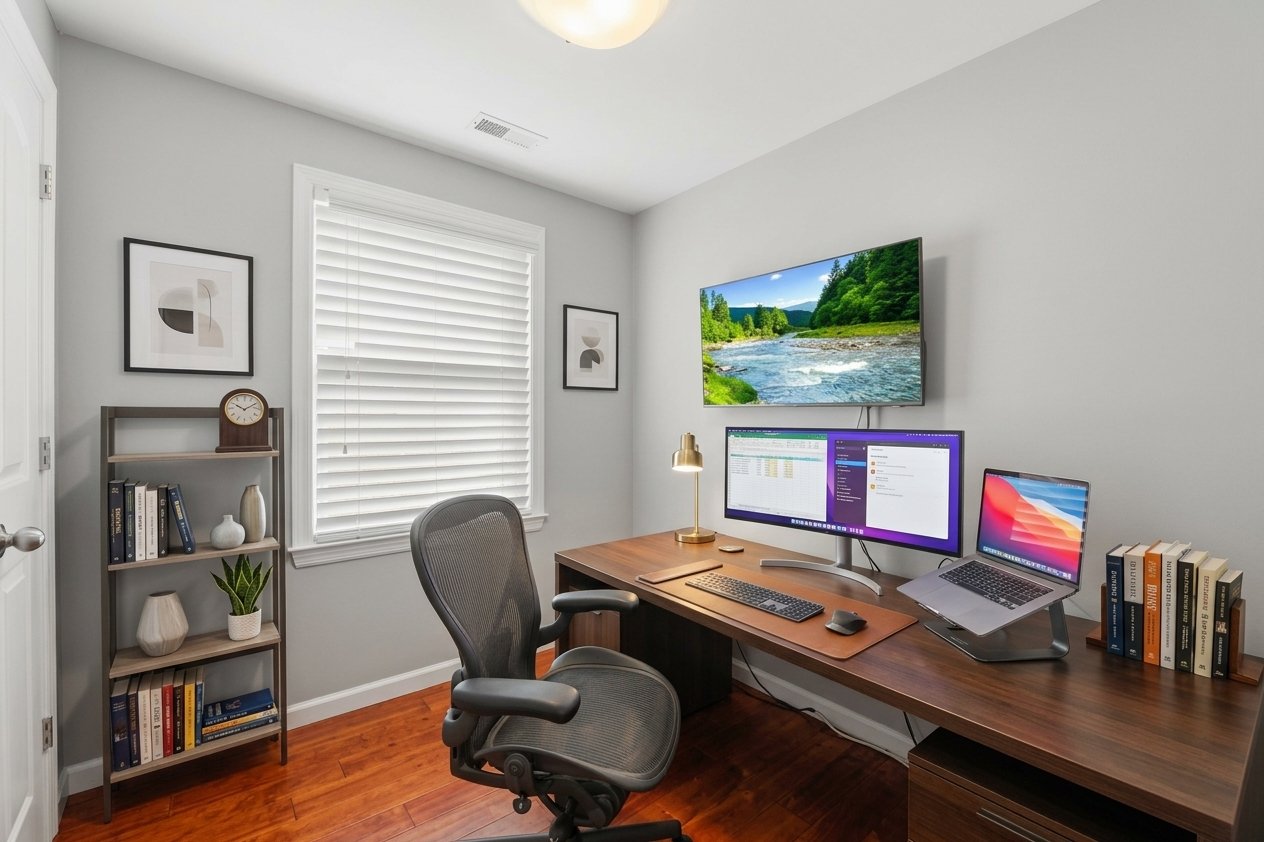 Furnished home office with a wooden desk, multiple screens, ergonomic chair, and reddish wood floors.