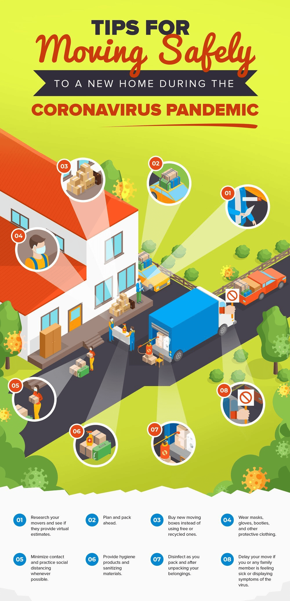 Infographic with eight tips for moving safely to a new home during the coronavirus pandemic.
