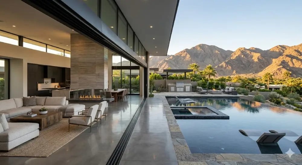 Open-plan great room with glass walls, resort pool, and mountain views in Scottsdale AZ