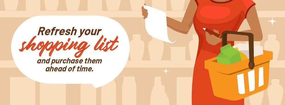 Illustrated shopper holding a list beside a grocery basket, with advice to refresh the shopping list early.