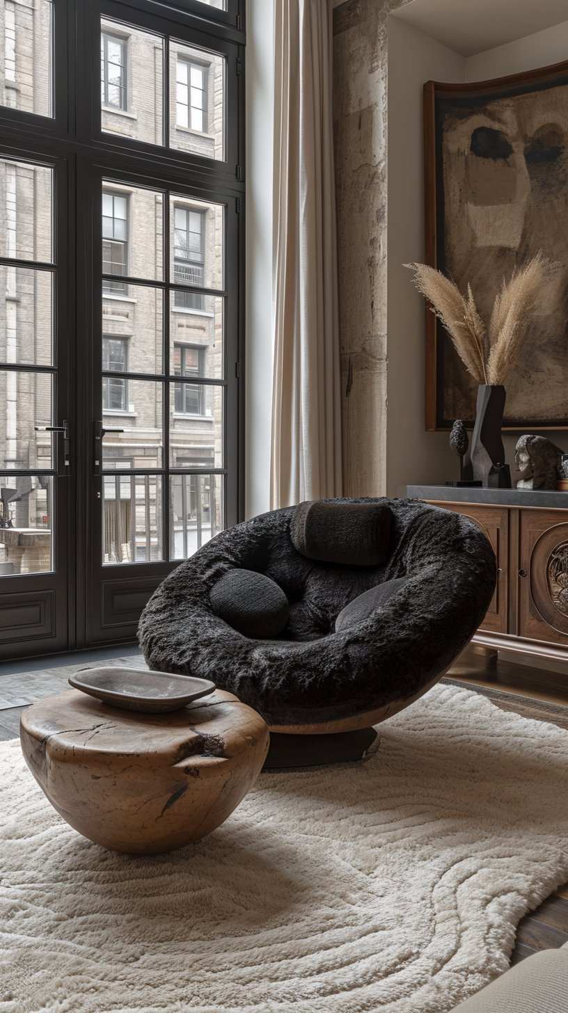 Living room with a boucle chair and stone coffee table beside tall black-framed windows.