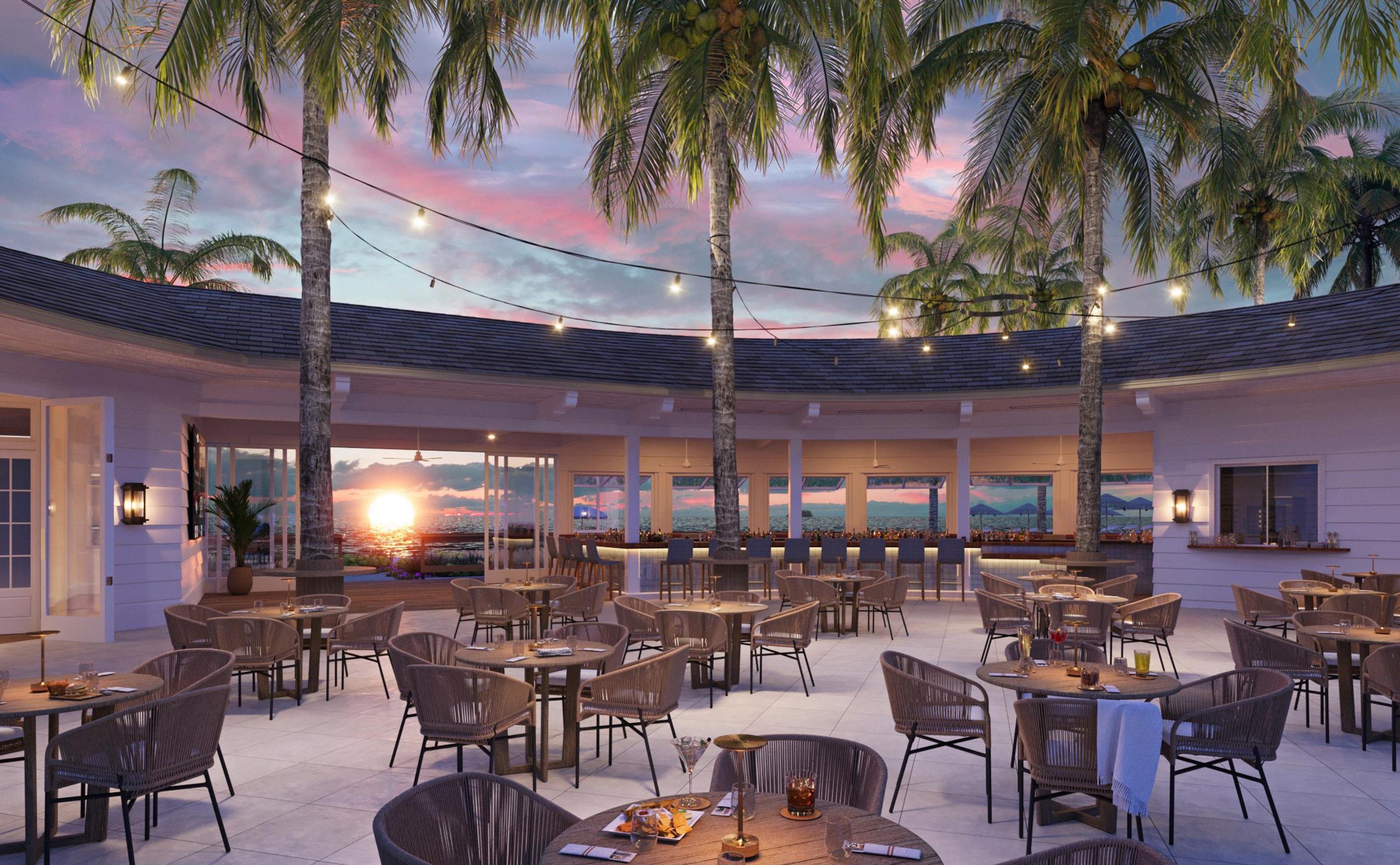 Rendering of open-air beachfront dining at sunset at Naples Beach Club