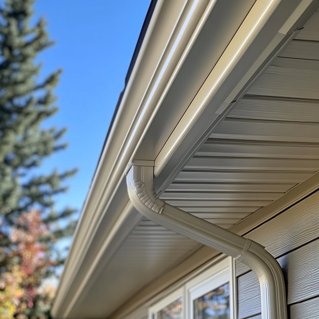 Home exterior with a light-colored gutter and downspout beneath the eaves.
