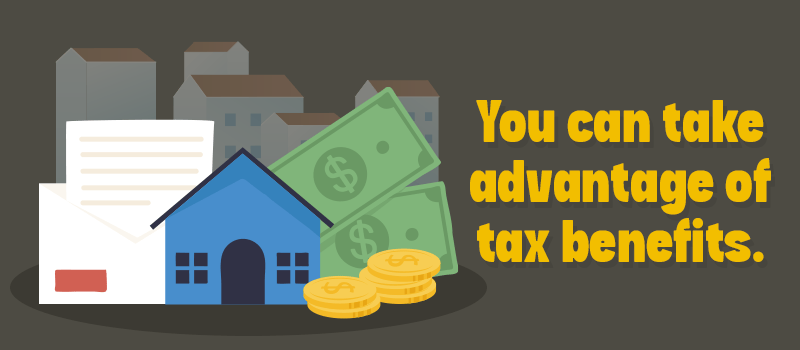 A house, document, dollar bills, and coins illustrate tax benefits.