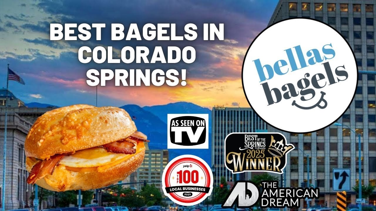 Bella’s Bagels promotional graphic with a breakfast sandwich, Colorado Springs skyline, and award badges.