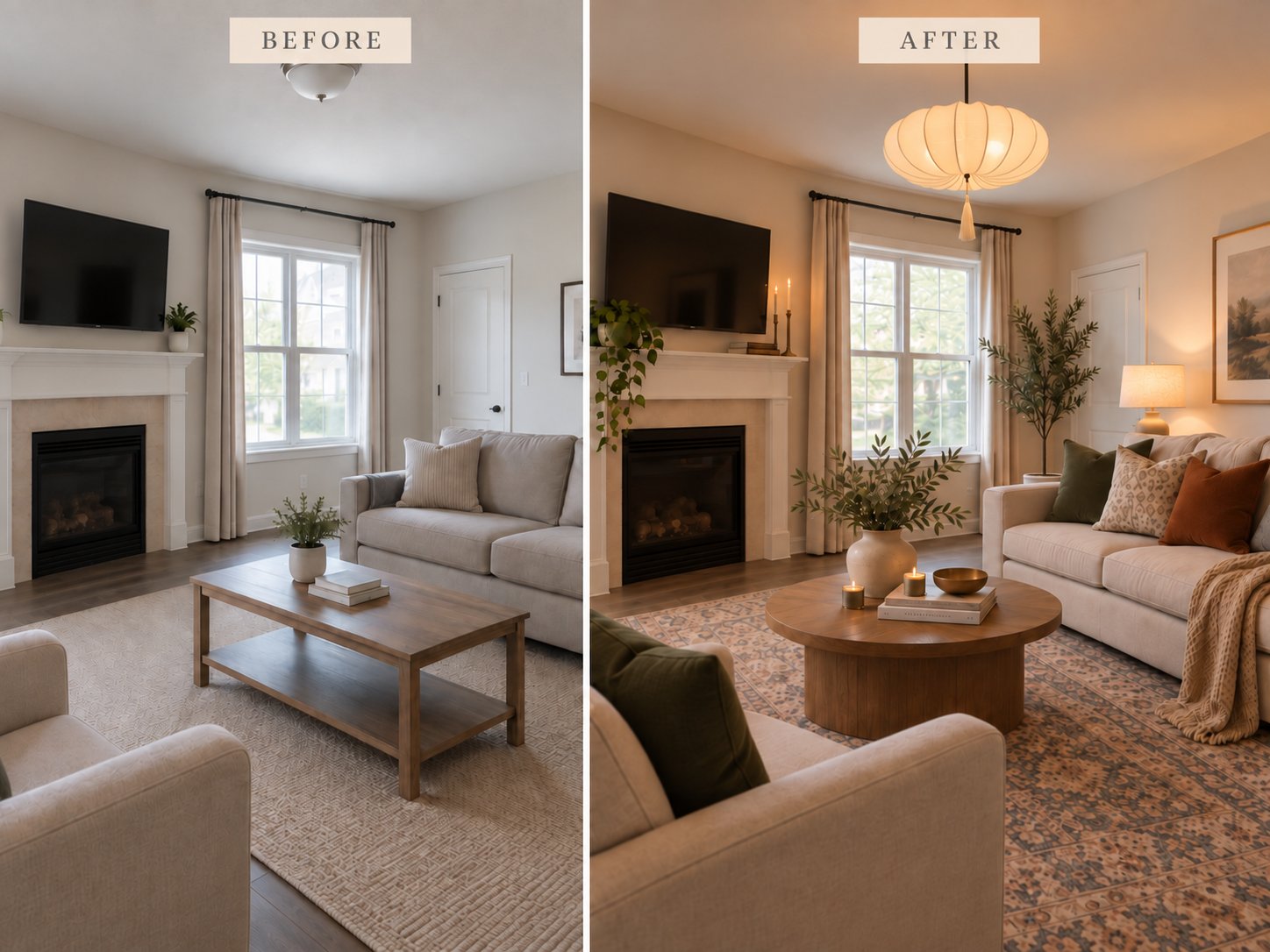 Living room before and after renter-friendly upgrades, with a pendant light, patterned rug, plants, and decorative pillows.
