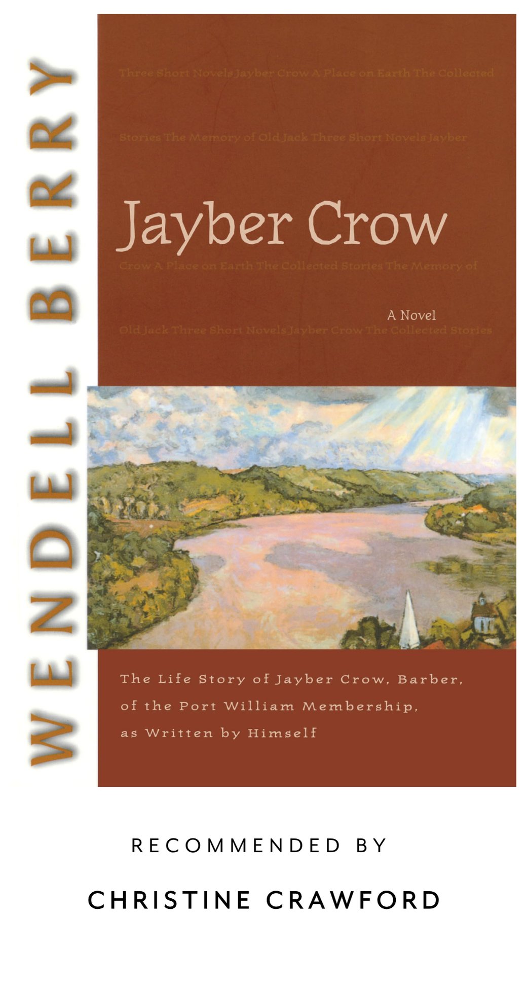 Book cover for "Jayber Crow" by Wendell Berry, featuring a landscape painting and text about the novel and its recommendation.
