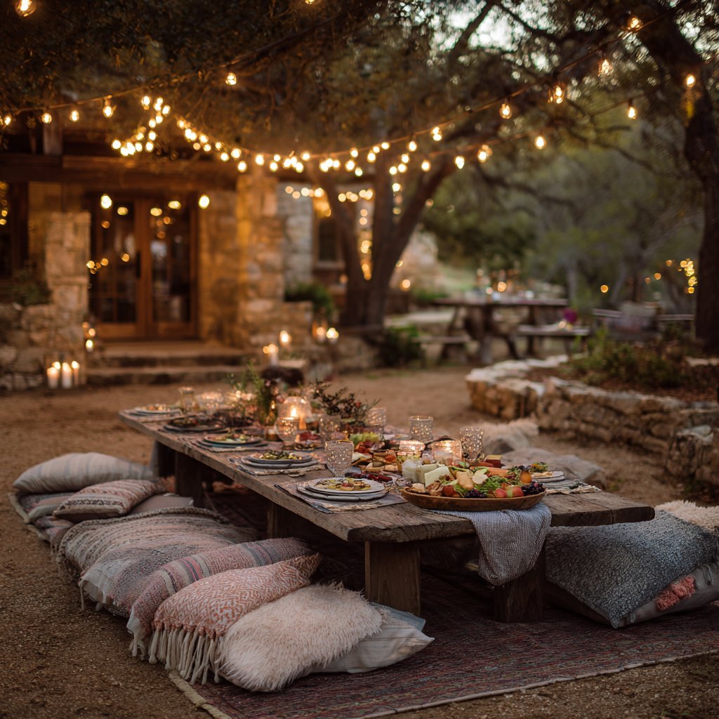 Outdoor dining table set with food and candles beneath warm string lights beside a stone house.