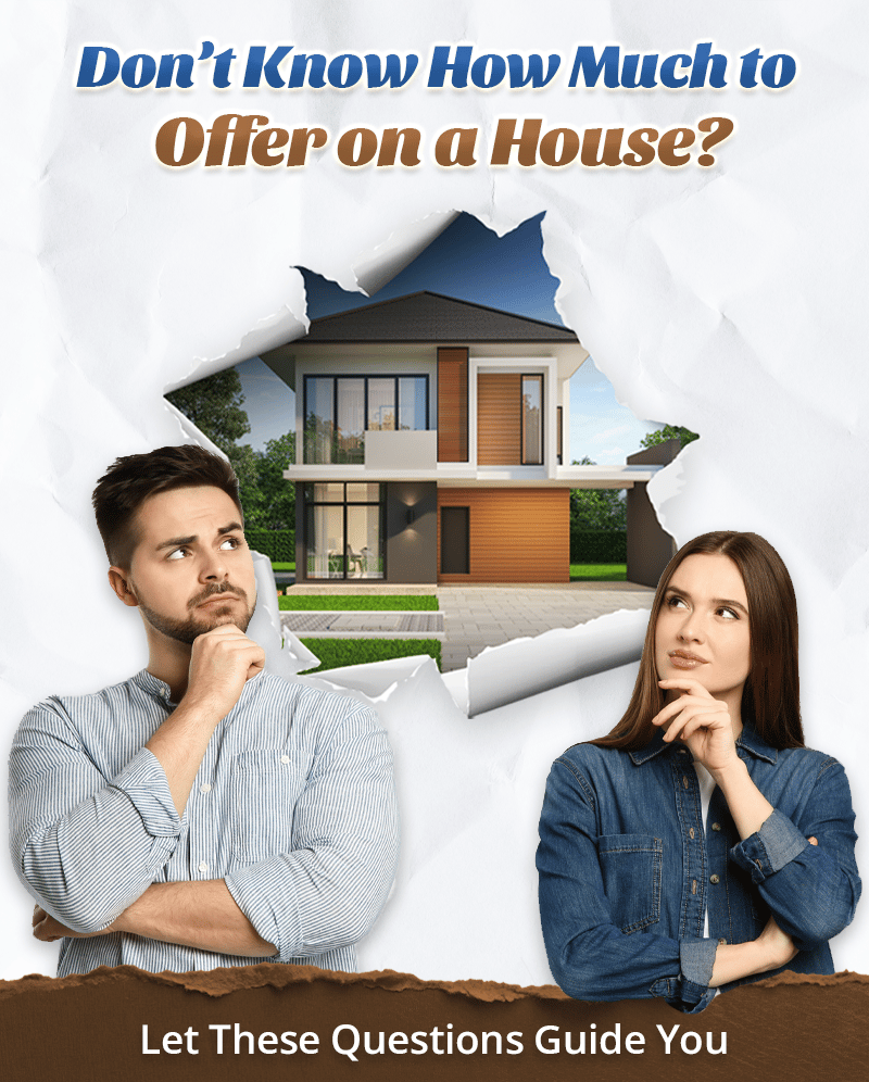 Graphic about how much to offer on a house, with a modern home and two thoughtful prospective buyers.