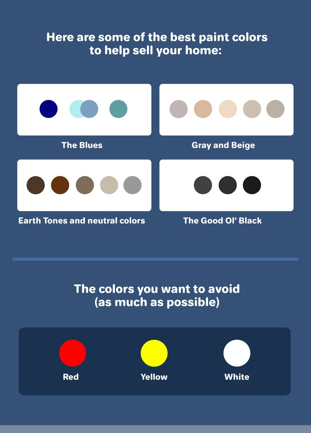 Infographic recommends blues, grays, beiges, earth tones, neutrals, and black; avoid red, yellow, and white.