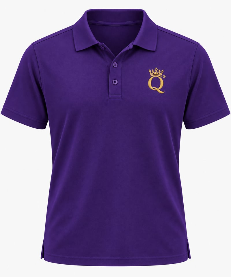 Purple polo shirt with a gold crowned Q emblem on the chest.