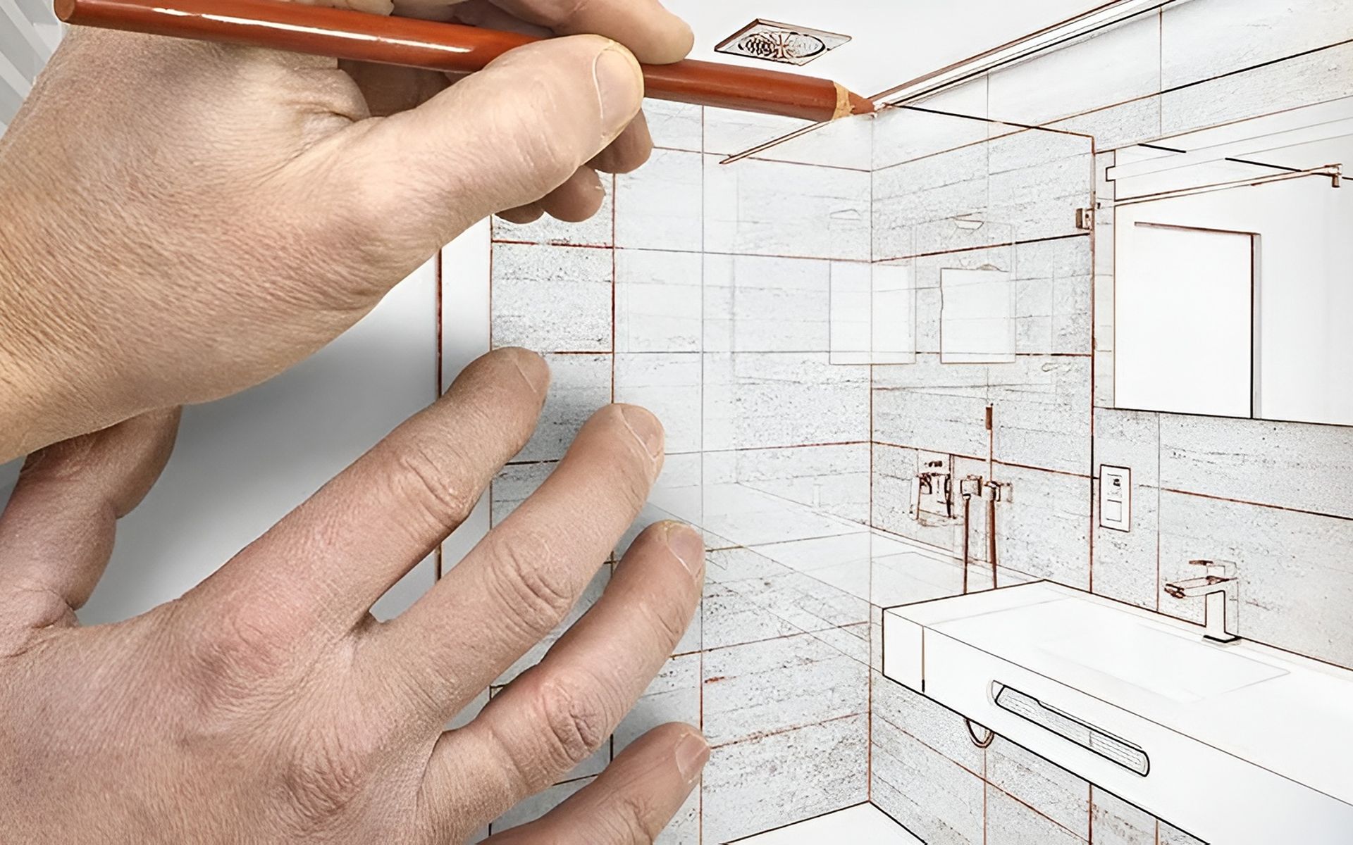 Hands sketching a bathroom renovation plan with a pencil.