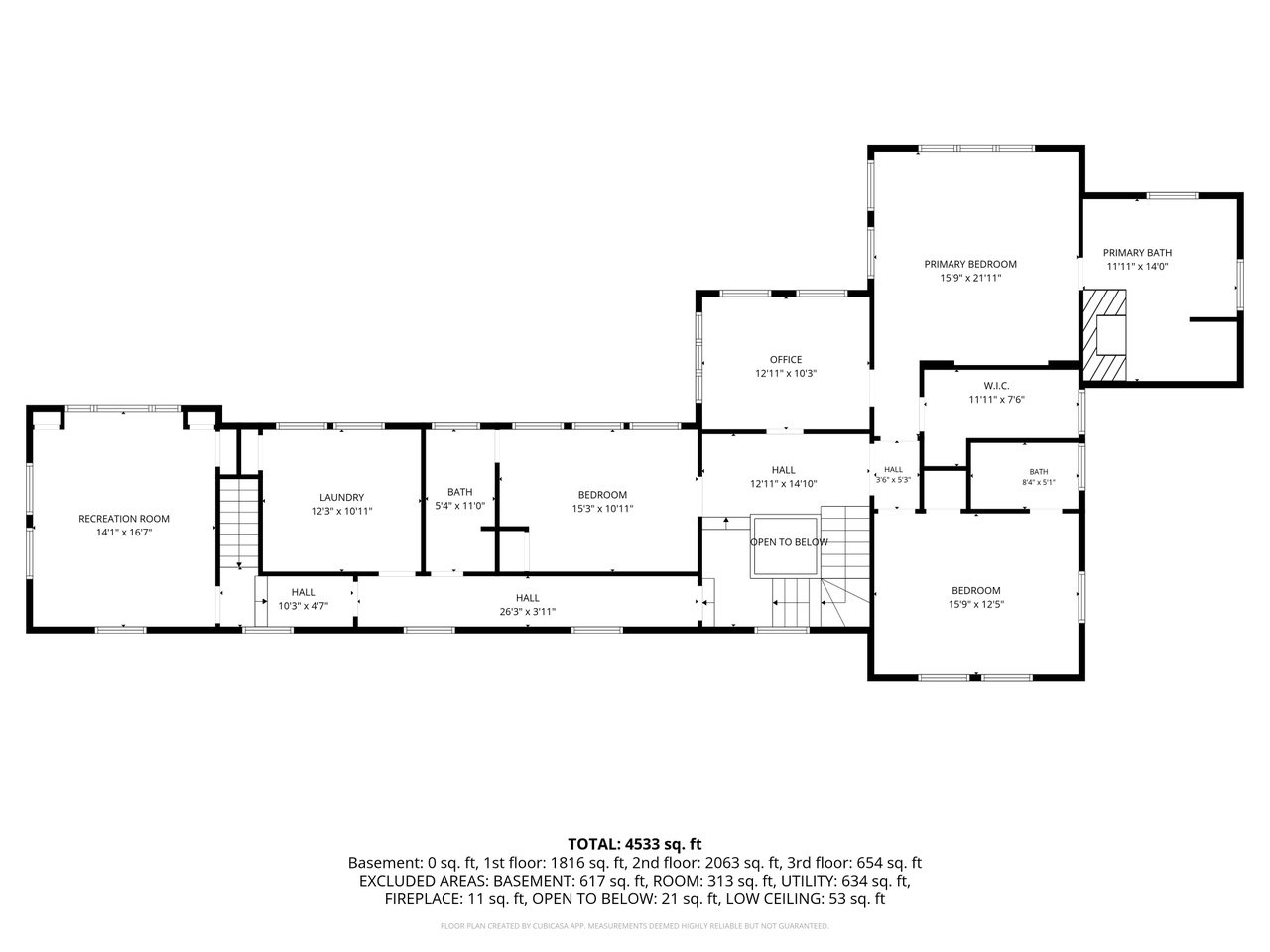 Floor plan showing bedrooms, office, recreation room, and a total area of 4,533 square feet.