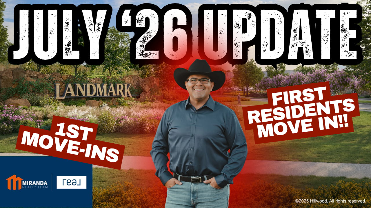 Edson Miranda of Miranda Realty Team standing in front of the Landmark by Hillwood entrance sign delivering a July 2026 real estate market update in Northlake, Texas.