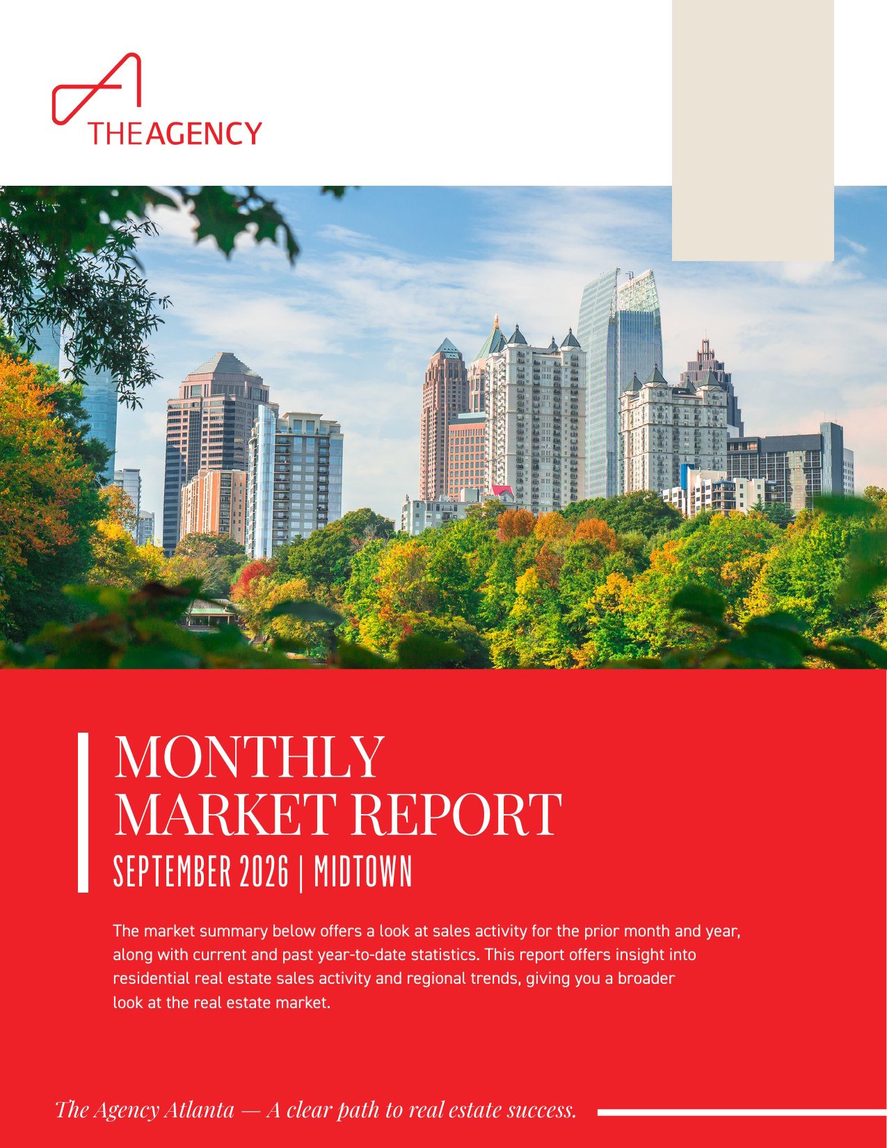 Monthly Market Report September 2026 cover for the Midtown real estate market with the Midtown skyline above trees