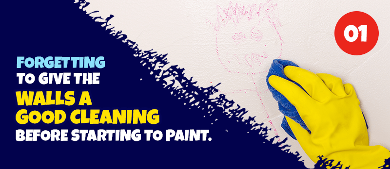 House-painting tip 01: clean the walls before painting, shown with a gloved hand wiping a wall.
