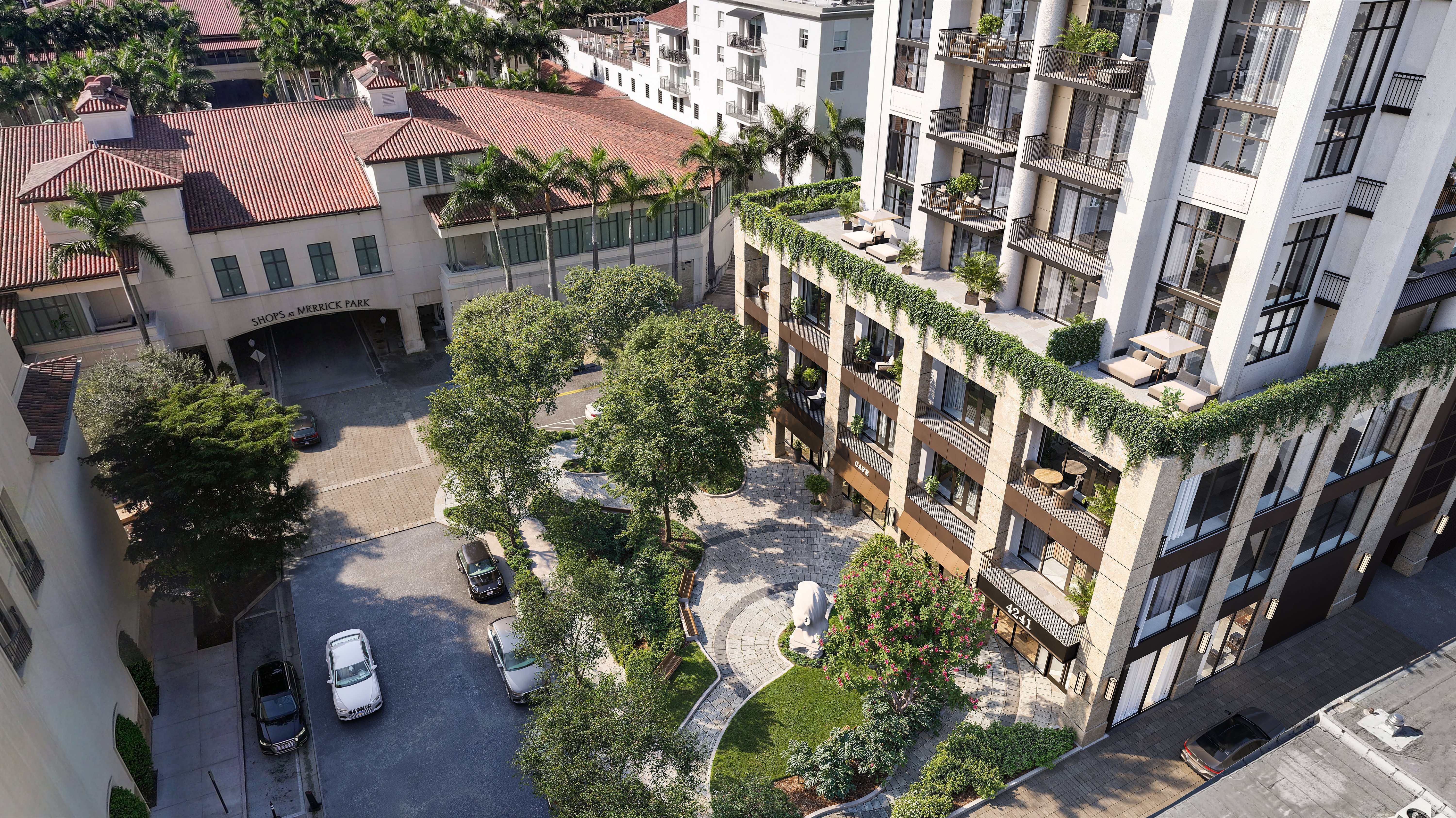 Rendering of Cora with planted balconies and a landscaped courtyard beside the Shops at Merrick Park