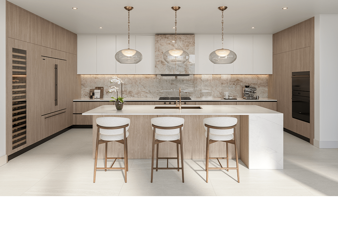 Rendering of a kitchen with an island and pendant lights at 3300 Gulf Shore, Naples