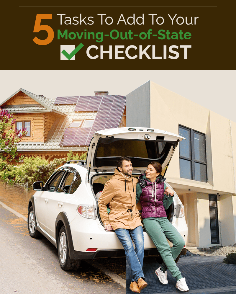 Moving-out-of-state checklist graphic with a couple beside a packed SUV between two homes.