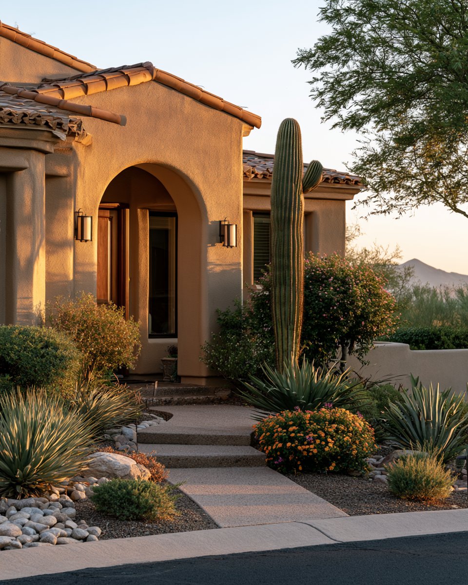 Southwestern home with an arched entry, tile roof, and saguaro cactus beside the walkway.