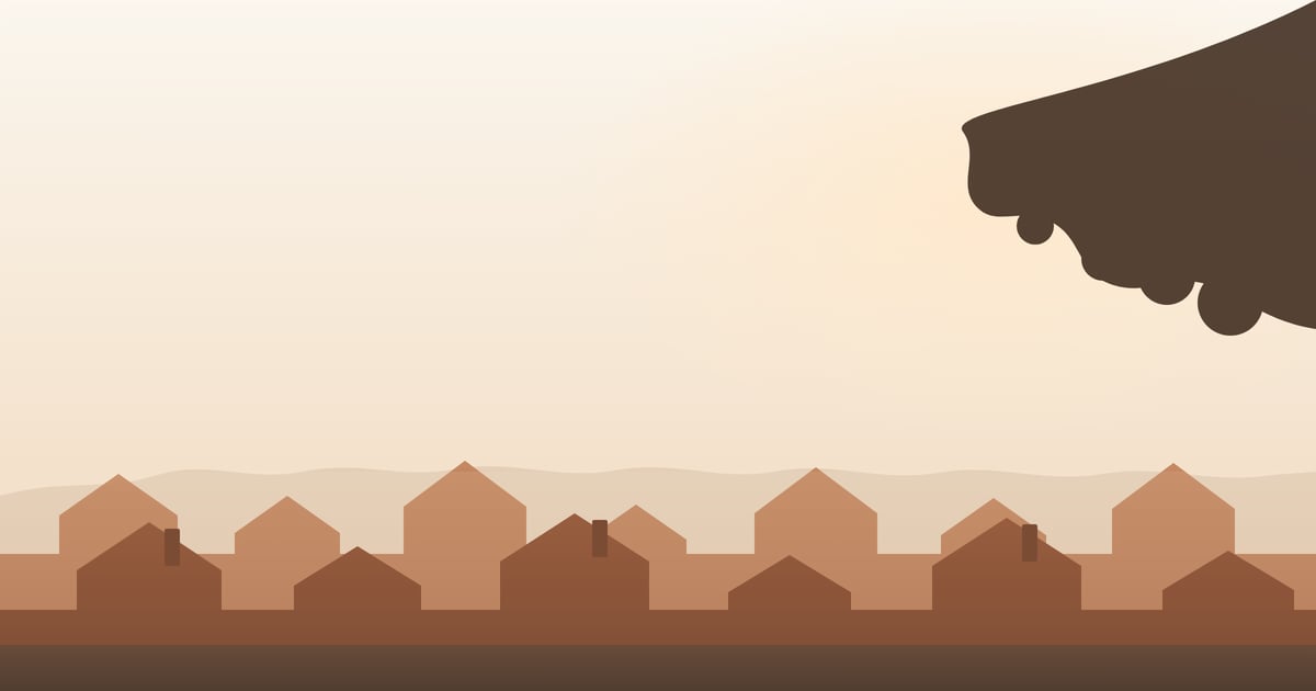 Simple illustration of a row of house shapes along a street, in warm tones, with open sky above