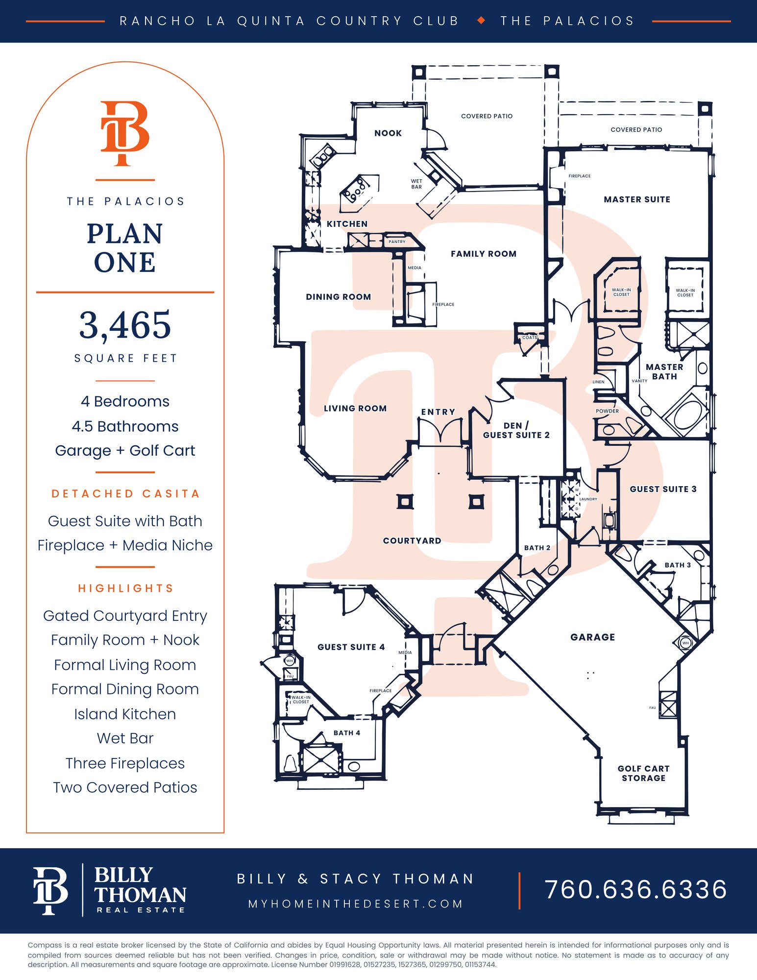 Rancho La Quinta Country Club Palacios Plan One floor plan, 4 bedroom 4.5 bath 3,465 sq ft single story home with detached casita