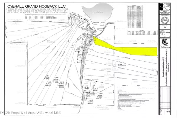 Survey plat of Overall Grand Hogback LLC land with a long parcel highlighted in yellow.