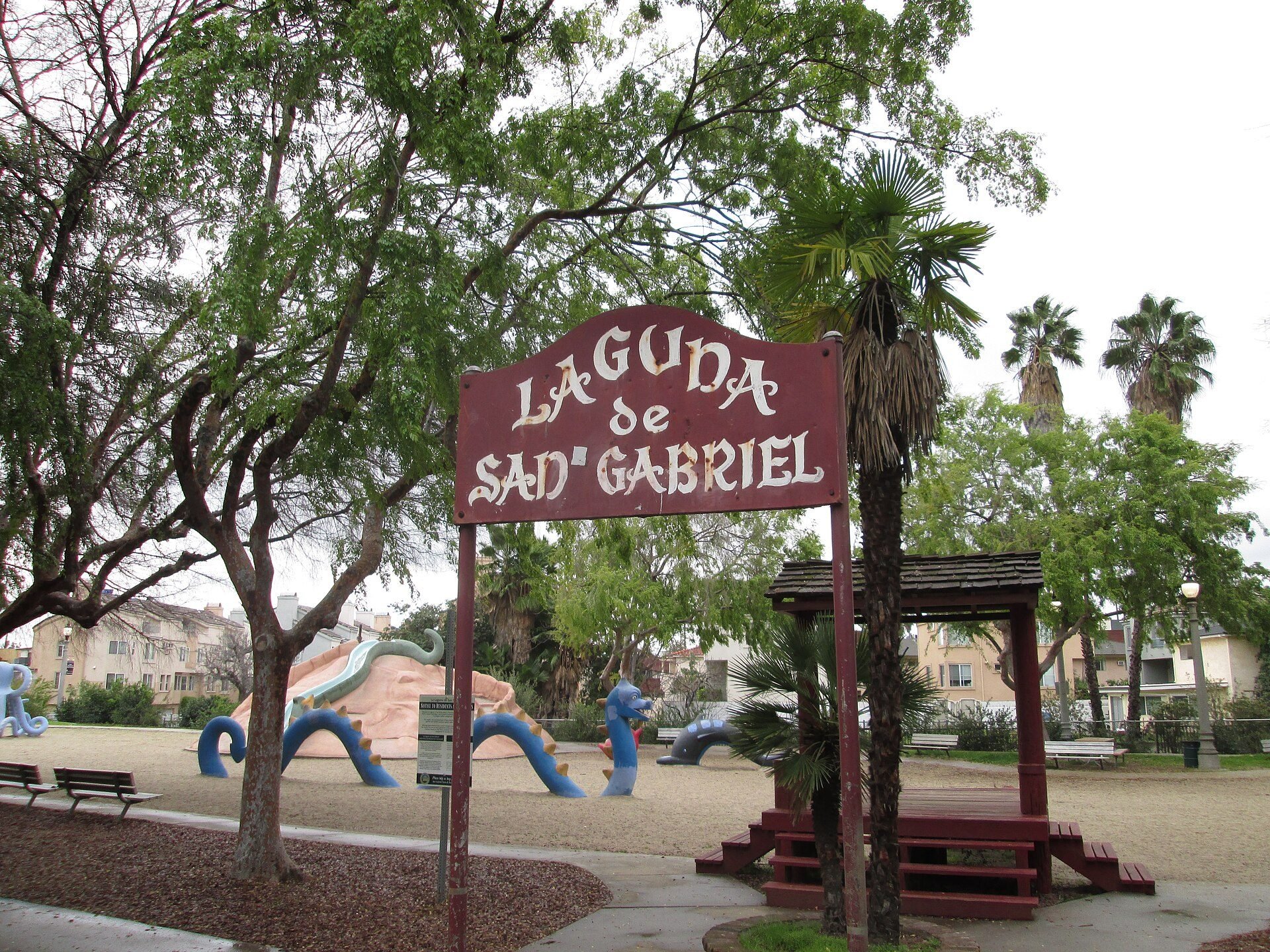 La Laguna de San Gabriel entrance and concrete playground forms at Vincent Lugo Park, photographed February 2017