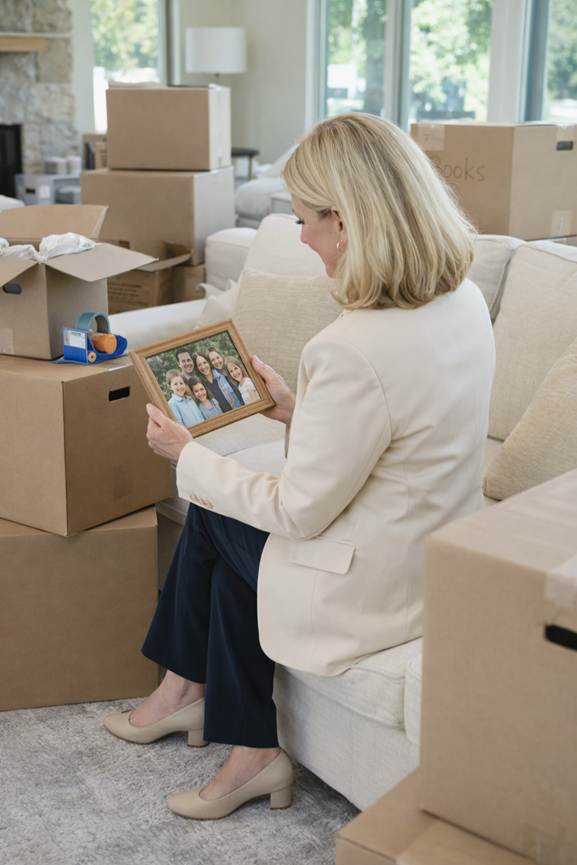 A woman smiling while packing, embracing a fresh start and exploring Hickory NC homes for sale.