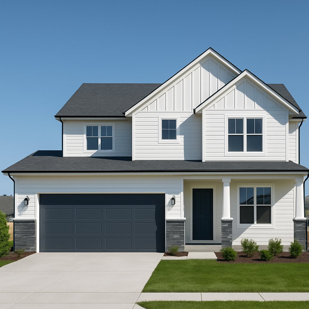 Modern two-story home with white siding and dark roof in Des Moines, Iowa real estate market.